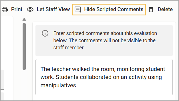 Interface showing options to hide scripted comments.